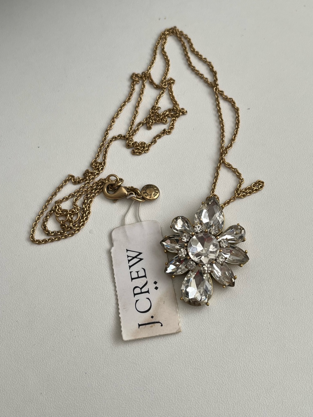 J. Crew Brass Tone Necklace Multi Faceted Rhinestone Pendent New 36”
